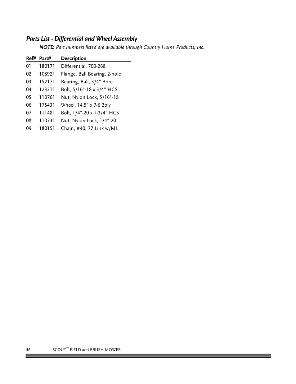 Parts list - differential and wheel assembly | DR Power Scout 8.25 (January 2007 and Later) User Manual | Page 50 / 54
