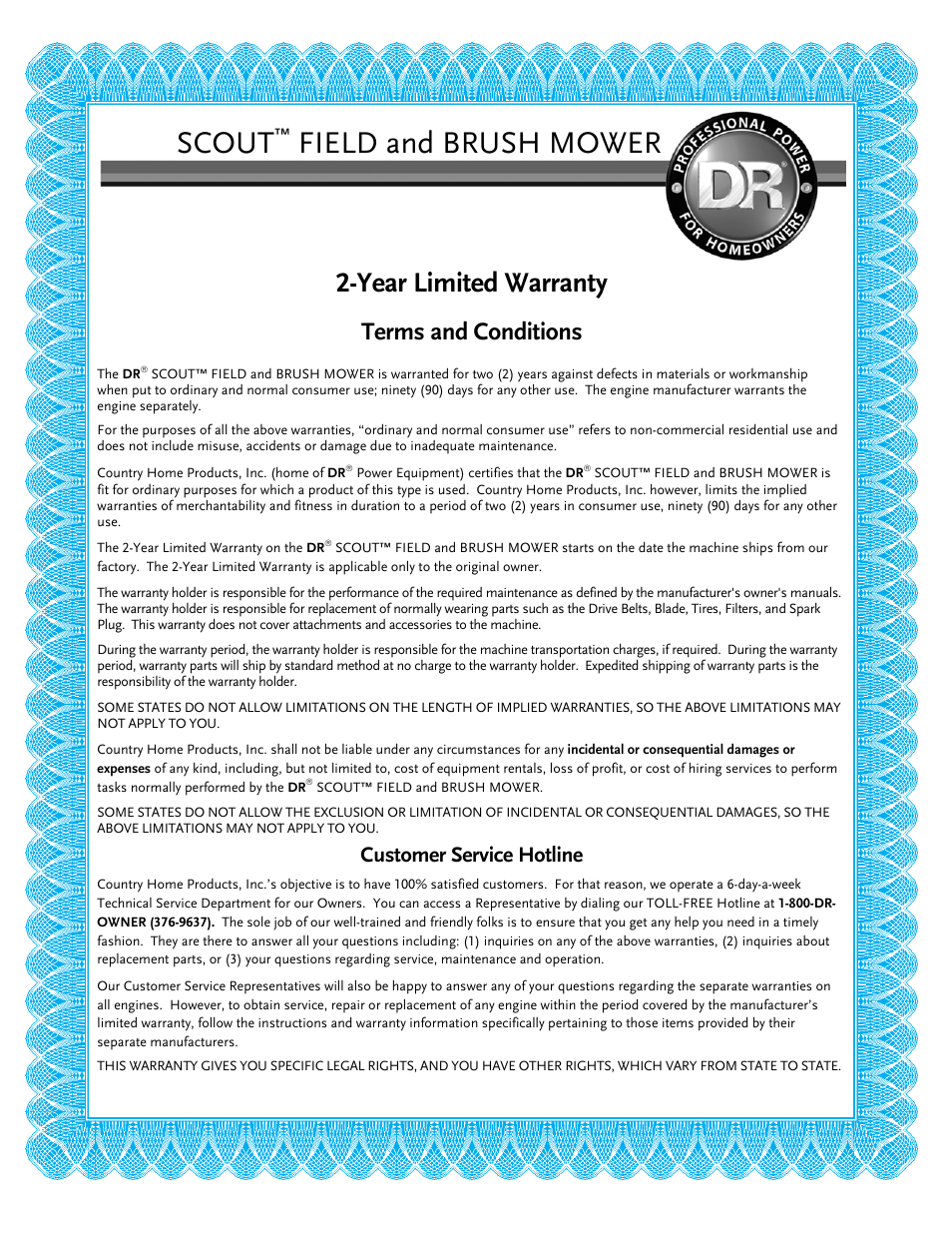 Scout, Field and brush mower, Year limited warranty | Warranty, Terms and conditions, Customer service hotline | DR Power Scout 8.25 (January 2007 and Later) User Manual | Page 53 / 54