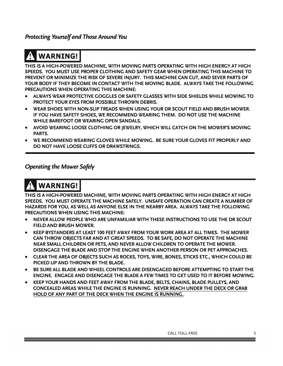 Protecting yourself and those around you, Operating the mower safely | DR Power Scout 8.25 (January 2007 and Later) User Manual | Page 9 / 54
