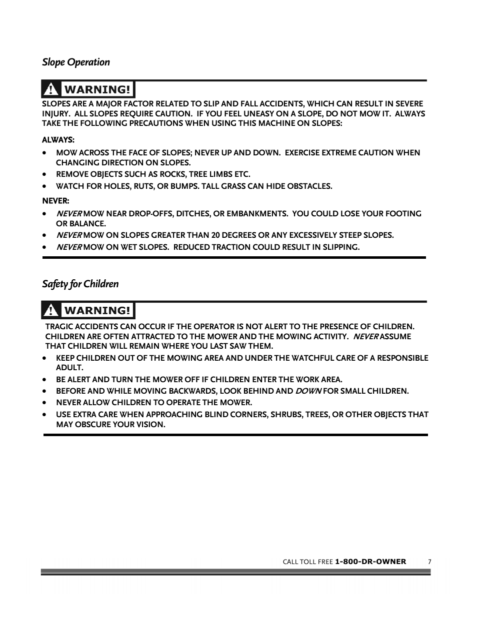 Slope operation, Safety for children | DR Power Scout 8.25 (September 2005 - December 2006) User Manual | Page 11 / 50