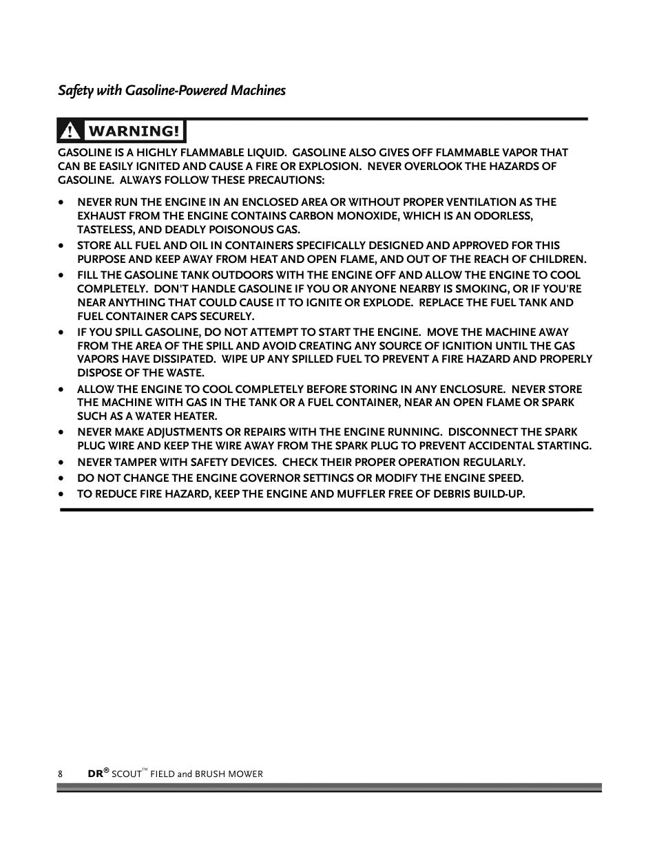 Safety with gasoline-powered machines | DR Power Scout 8.25 (September 2005 - December 2006) User Manual | Page 12 / 50