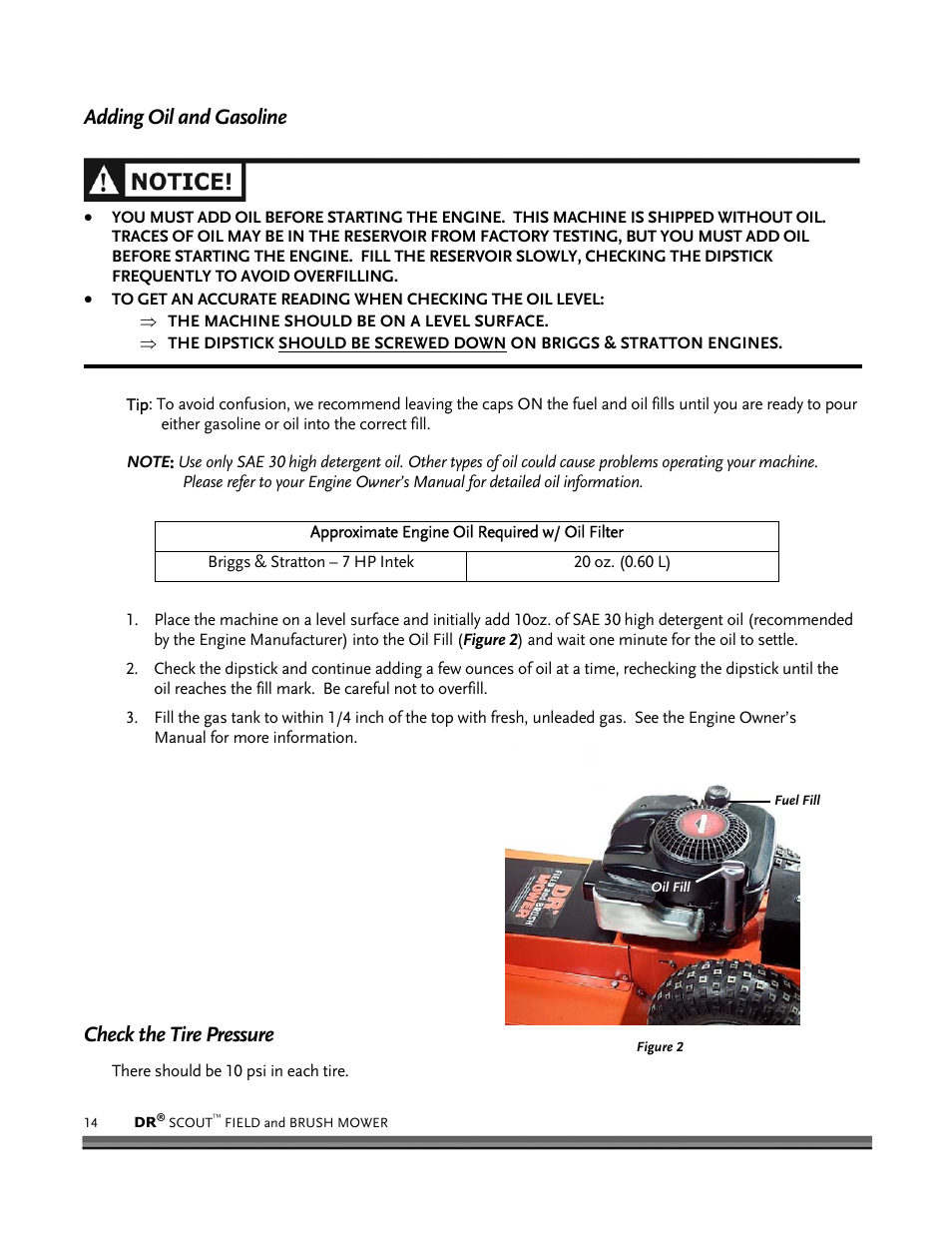 Adding oil and gasoline, Check the tire pressure | DR Power Scout 8.25 (September 2005 - December 2006) User Manual | Page 18 / 50