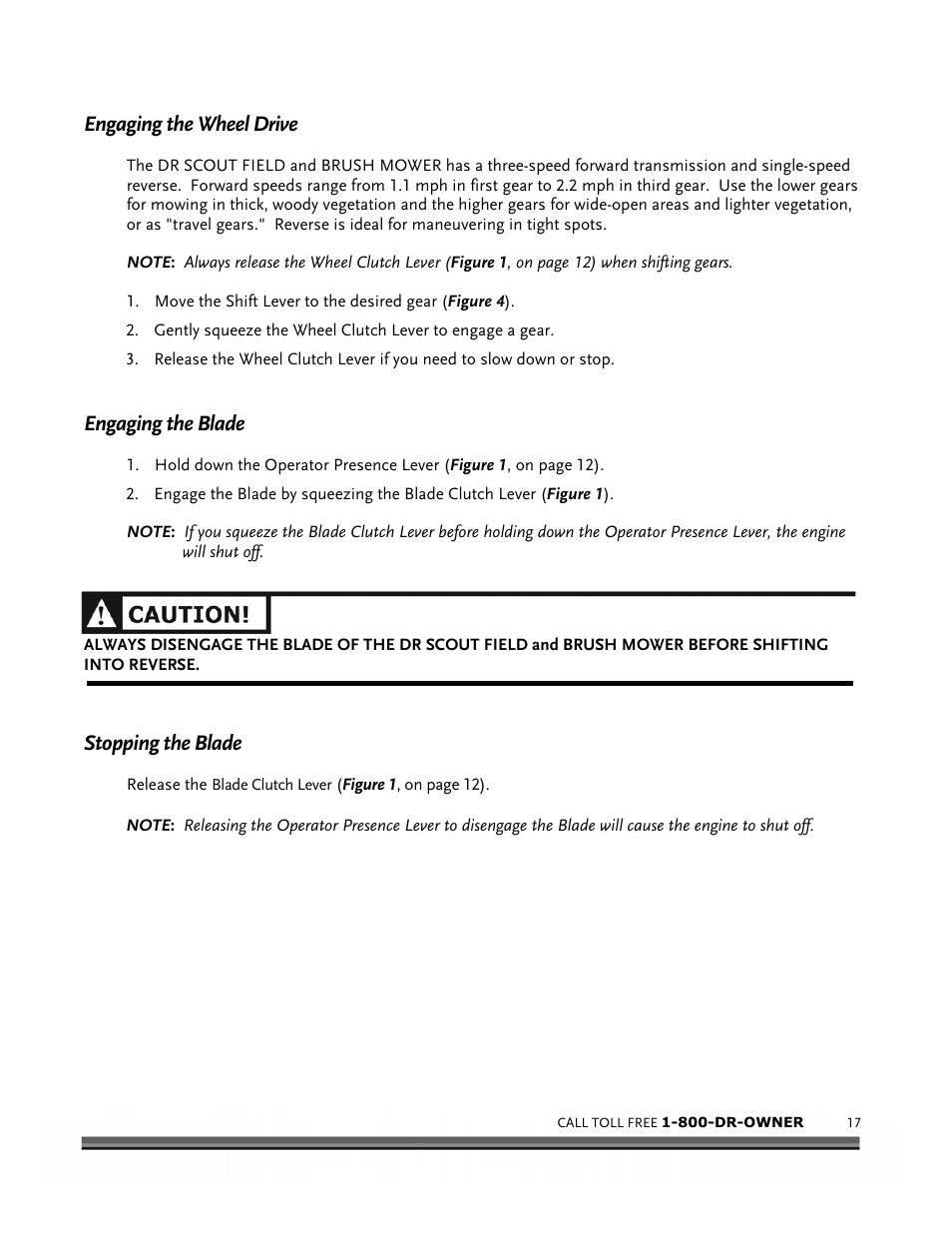 Engaging the wheel drive, Engaging the blade, Stopping the blade | DR Power Scout 8.25 (September 2005 - December 2006) User Manual | Page 21 / 50