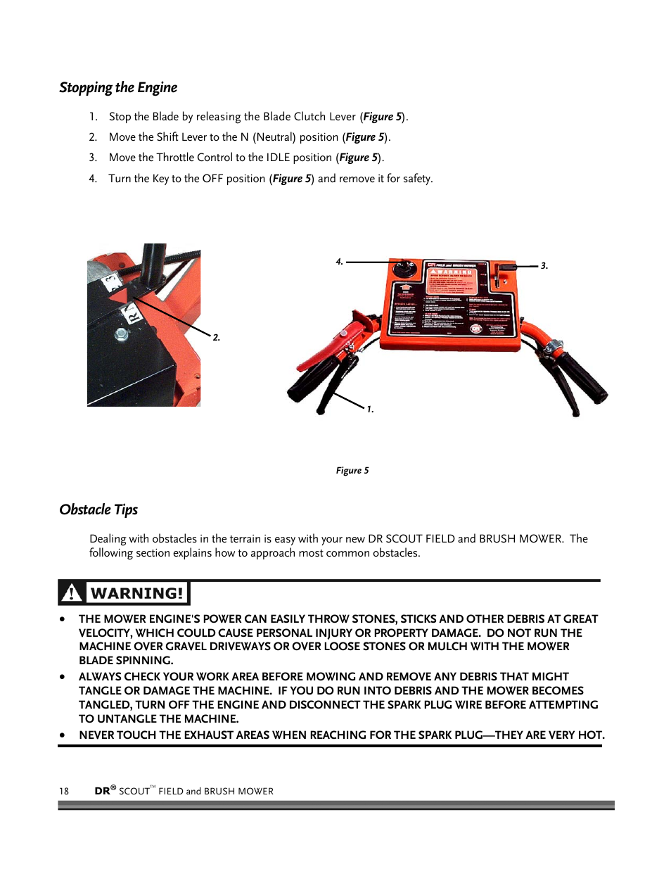 Stopping the engine, Obstacle tips | DR Power Scout 8.25 (September 2005 - December 2006) User Manual | Page 22 / 50