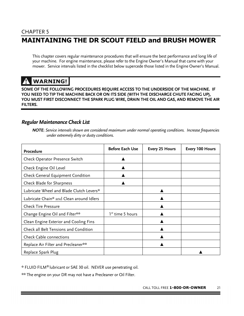 Maintaining the dr scout field and brush mower, Chapter 5, Regular maintenance check list | DR Power Scout 8.25 (September 2005 - December 2006) User Manual | Page 25 / 50