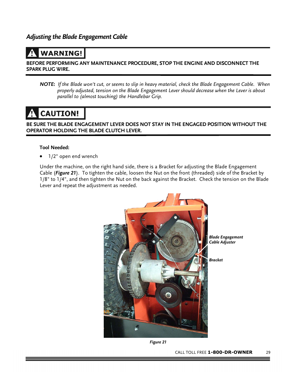 Adjusting the blade engagement cable | DR Power Scout 8.25 (September 2005 - December 2006) User Manual | Page 33 / 50