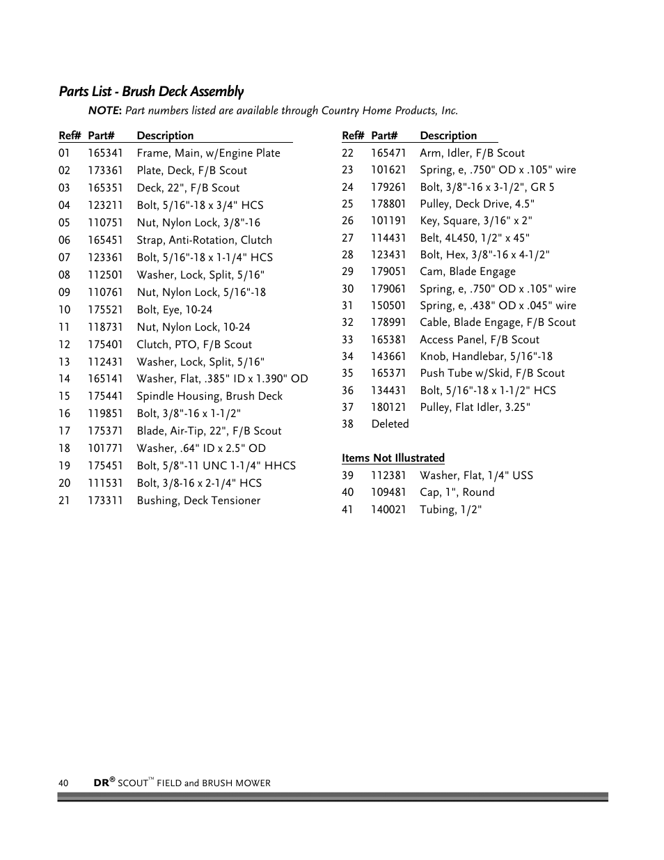 Parts list - brush deck assembly | DR Power Scout 8.25 (September 2005 - December 2006) User Manual | Page 44 / 50