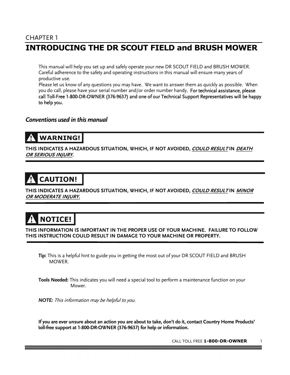 Introducing the dr scout field and brush mower, Chapter 1, Conventions used in this manual | DR Power Scout 8.25 (September 2005 - December 2006) User Manual | Page 5 / 50
