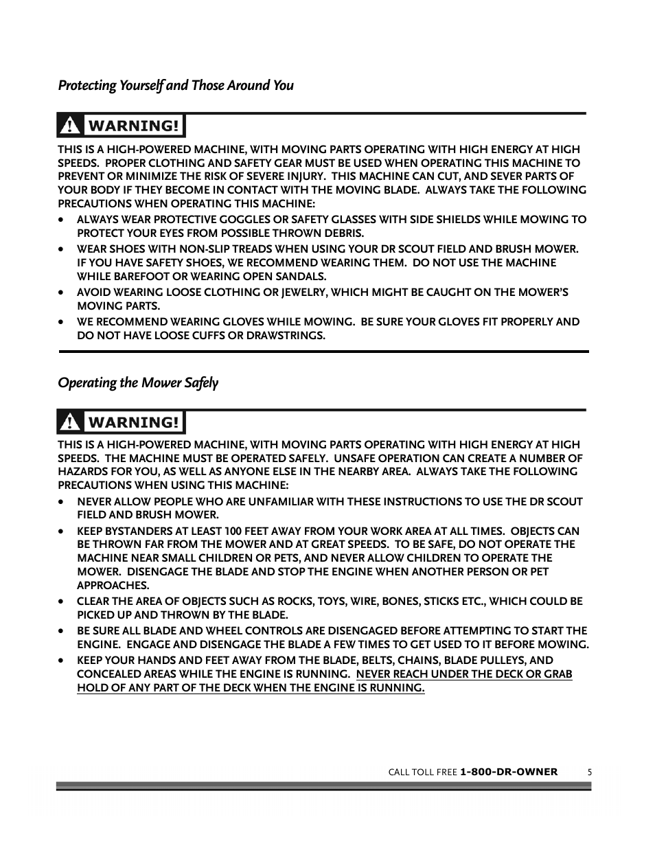 Protecting yourself and those around you, Operating the mower safely | DR Power Scout 8.25 (September 2005 - December 2006) User Manual | Page 9 / 50