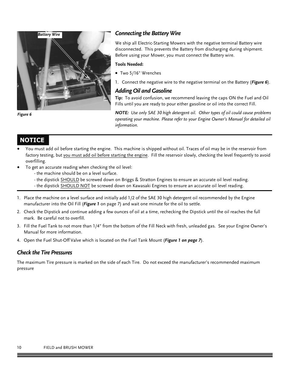 Connecting the battery wire, Adding oil and gasoline, Check the tire pressures | DR Power Walk-behind Pro User Manual | Page 10 / 44