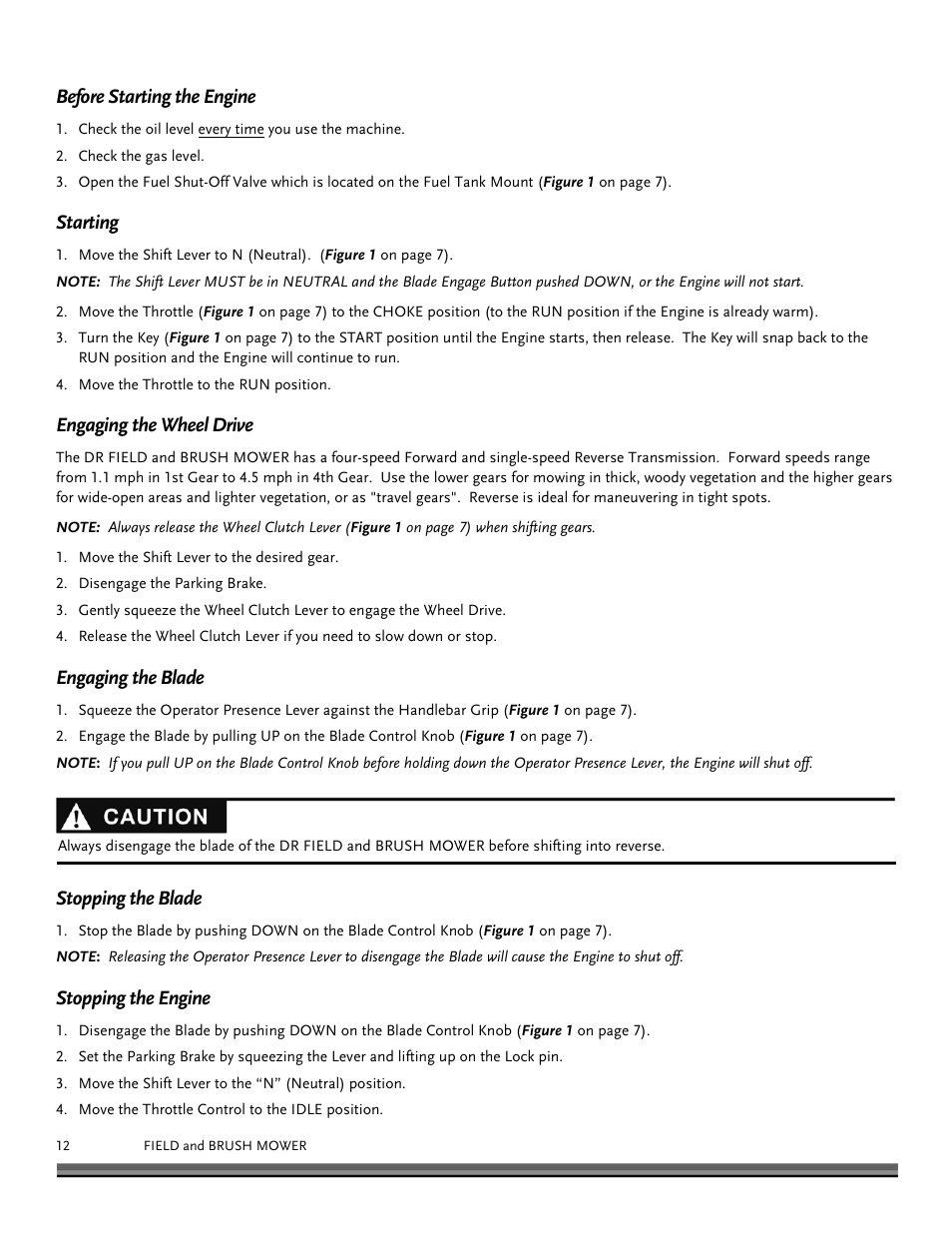Starting, Engaging the wheel drive, Engaging the blade | Stopping the blade, Stopping the engine, Before starting the engine | DR Power Walk-behind Pro User Manual | Page 12 / 44