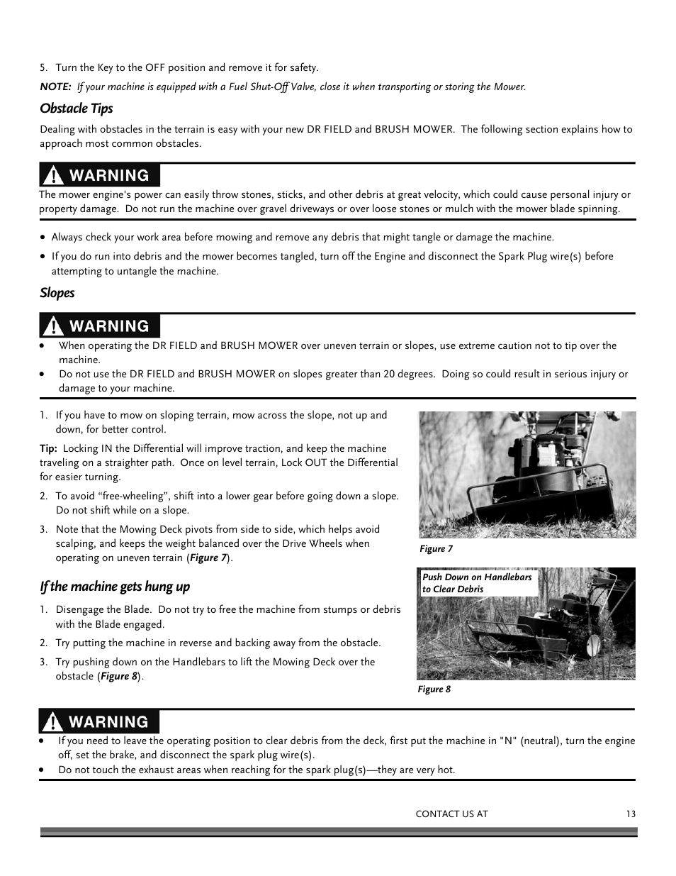 Obstacle tips, Slopes, If the machine gets hung up | Cutting brush and saplings | DR Power Walk-behind Pro User Manual | Page 13 / 44