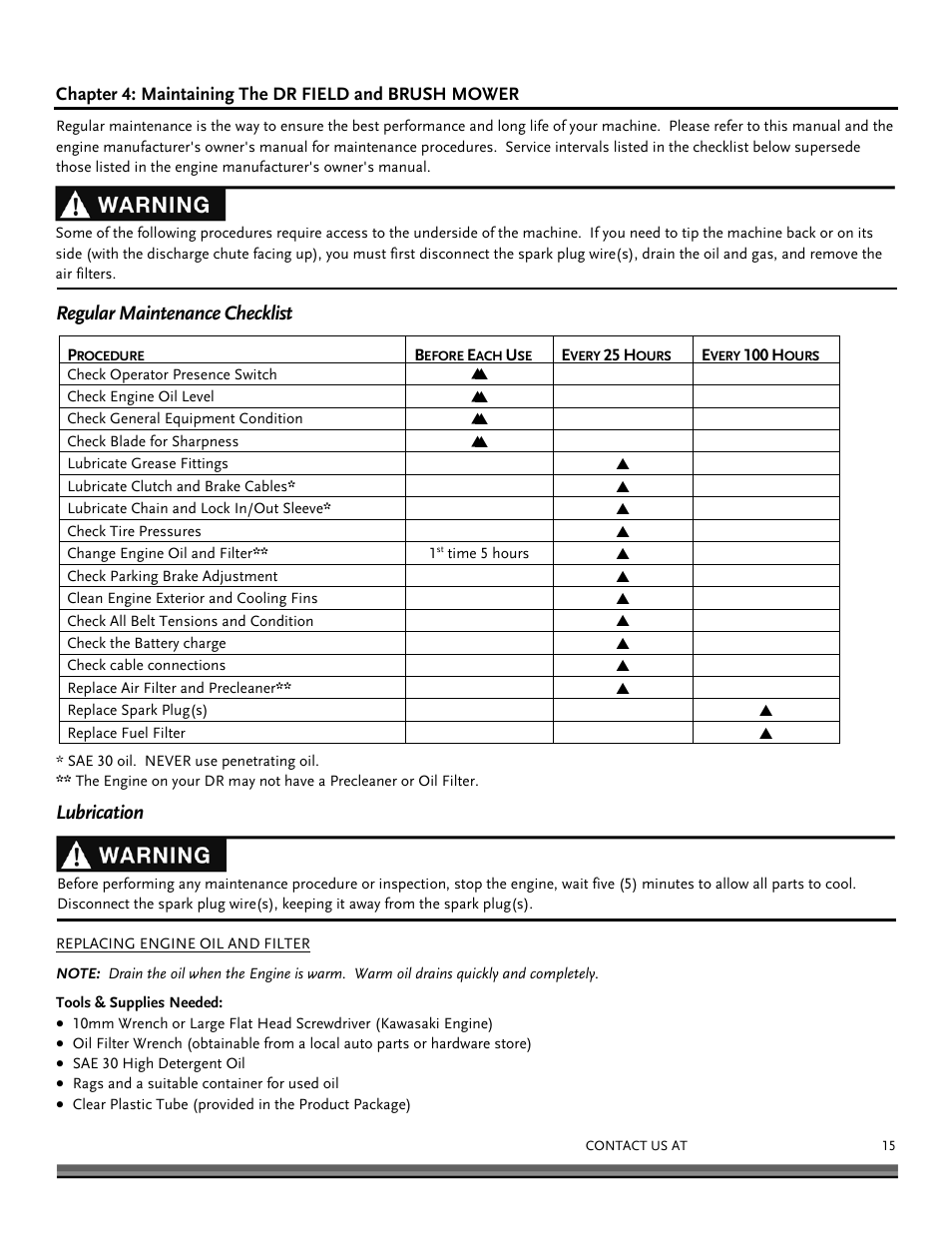 Regular maintenance checklist, Lubrication | DR Power Walk-behind Pro User Manual | Page 15 / 44