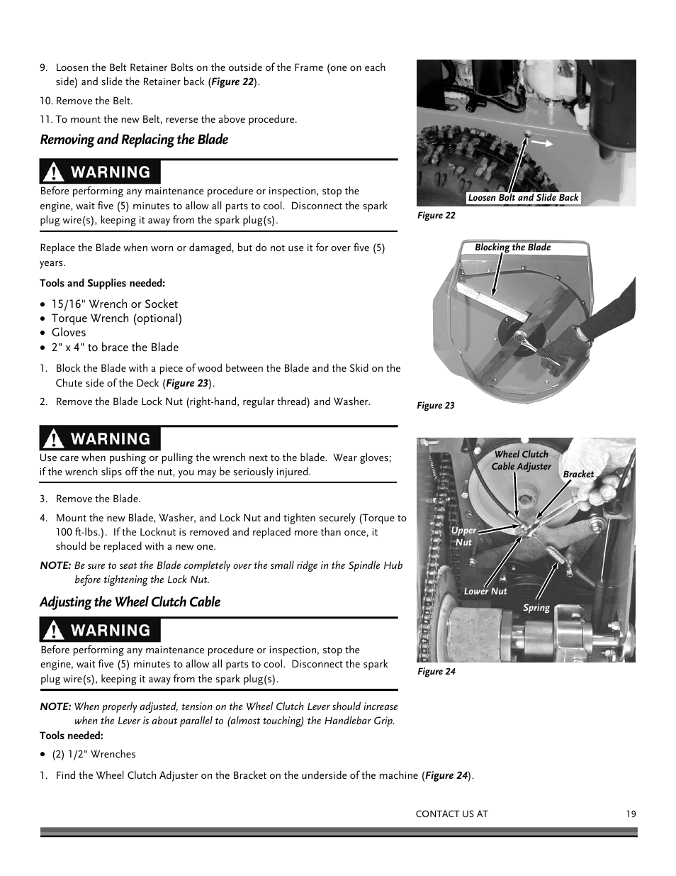 Removing and replacing the blade, Adjusting the wheel clutch cable | DR Power Walk-behind Pro User Manual | Page 19 / 44