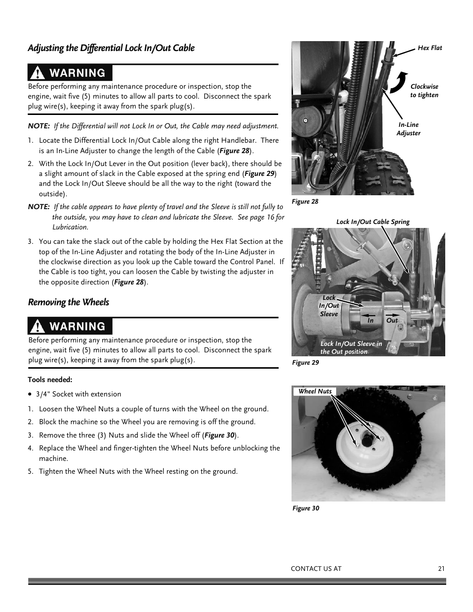 Adjusting the differential lock in/out cable, Removing the wheels | DR Power Walk-behind Pro User Manual | Page 21 / 44
