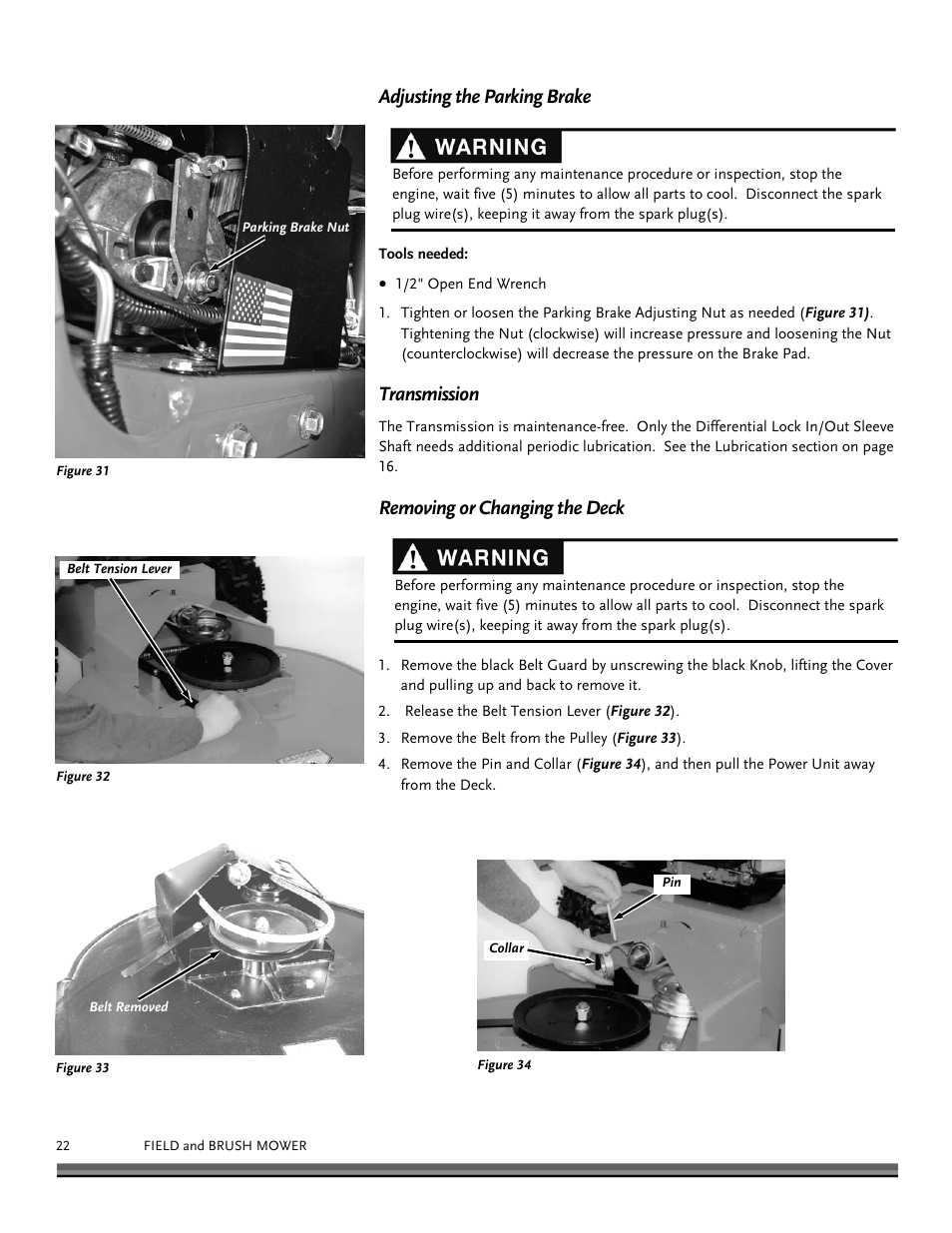 Adjusting the parking brake, Transmission, Removing or changing the deck | DR Power Walk-behind Pro User Manual | Page 22 / 44