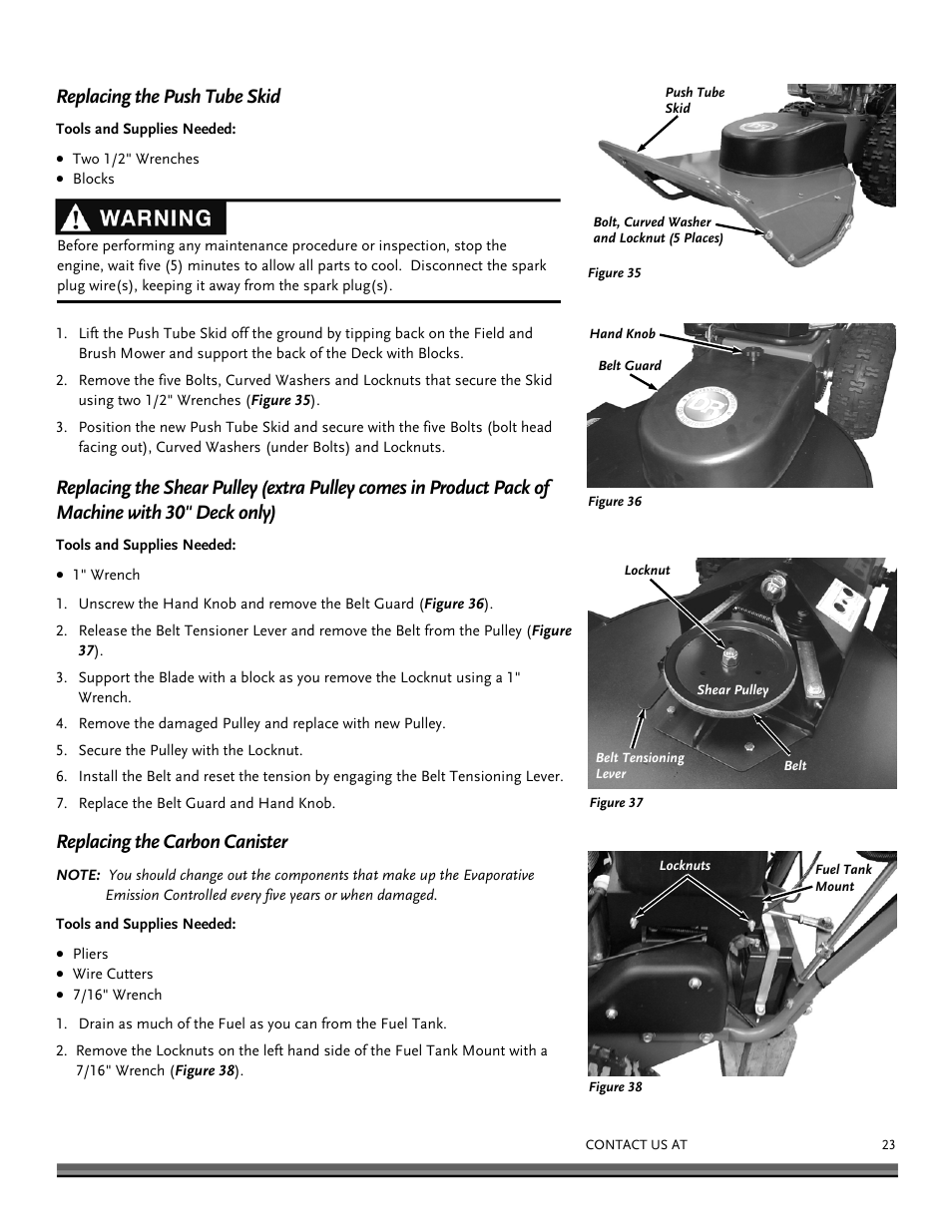 Replacing the push tube skid, Replacing the carbon canister | DR Power Walk-behind Pro User Manual | Page 23 / 44