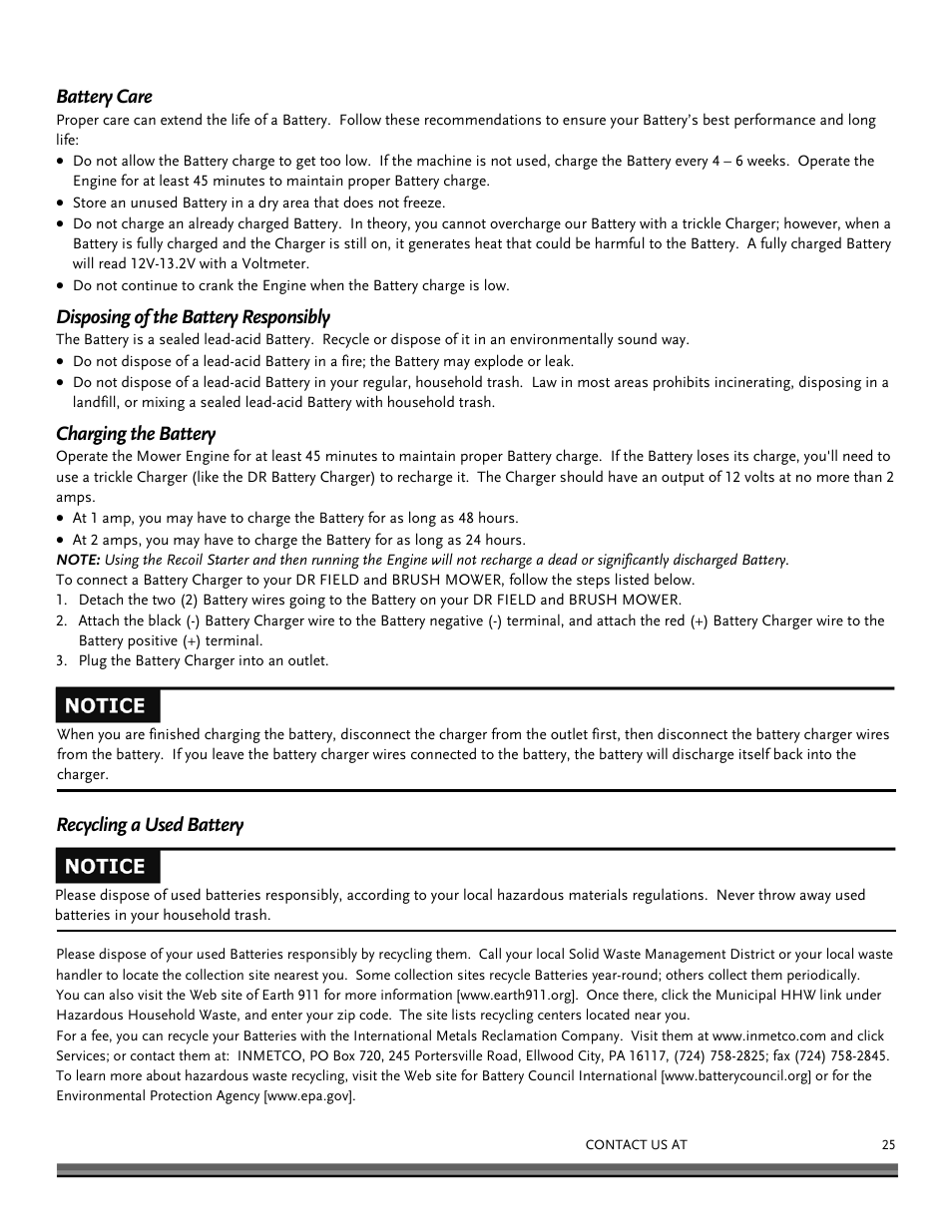 Battery care, Disposing of the battery responsibly, Charging the battery | Recycling a used battery | DR Power Walk-behind Pro User Manual | Page 25 / 44
