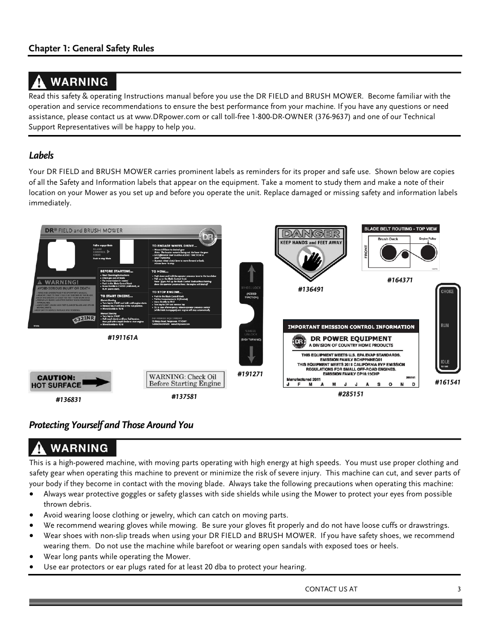 Chapter 1: general safety rules, Labels, Protecting yourself and those around you | DR Power Walk-behind Pro User Manual | Page 3 / 44