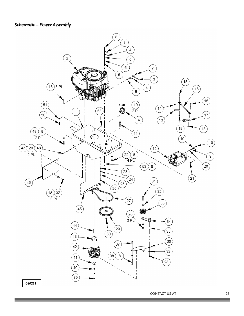 Schematic – power assembly, Parts list – brush deck assembly | DR Power Walk-behind Pro User Manual | Page 33 / 44