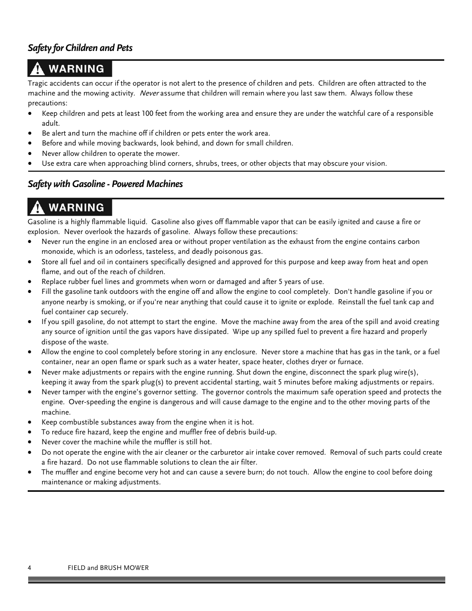 Safety for children and pets, Safety with gasoline - powered machines, Slope operation | DR Power Walk-behind Pro User Manual | Page 4 / 44