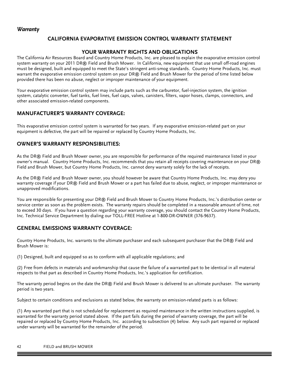 Warranty | DR Power Walk-behind Pro User Manual | Page 42 / 44