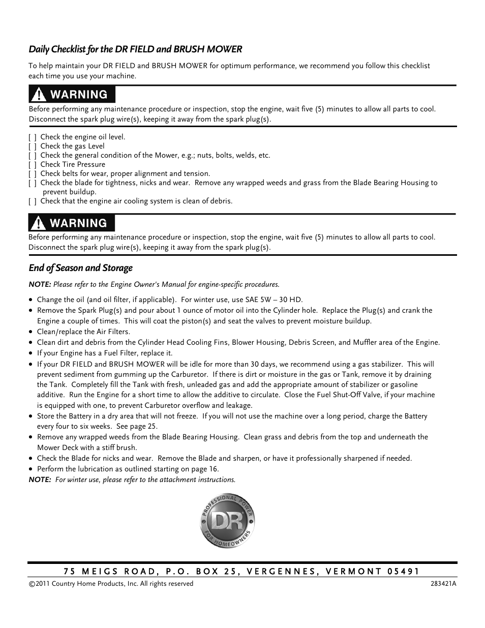 Daily checklist for the dr field and brush mower, End of season and storage | DR Power Walk-behind Pro User Manual | Page 44 / 44