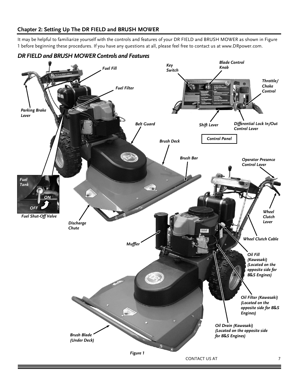 Chapter 2: setting up the dr field and brush mower, Dr field and brush mower controls and features, Specifications | DR Power Walk-behind Pro User Manual | Page 7 / 44