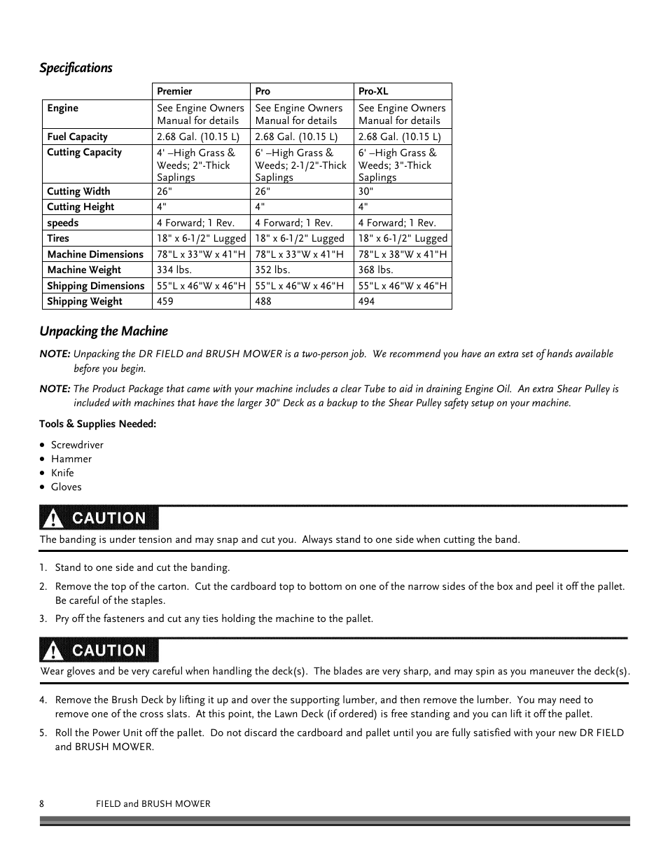 Unpacking the machine, Specifications | DR Power Walk-behind Pro User Manual | Page 8 / 44