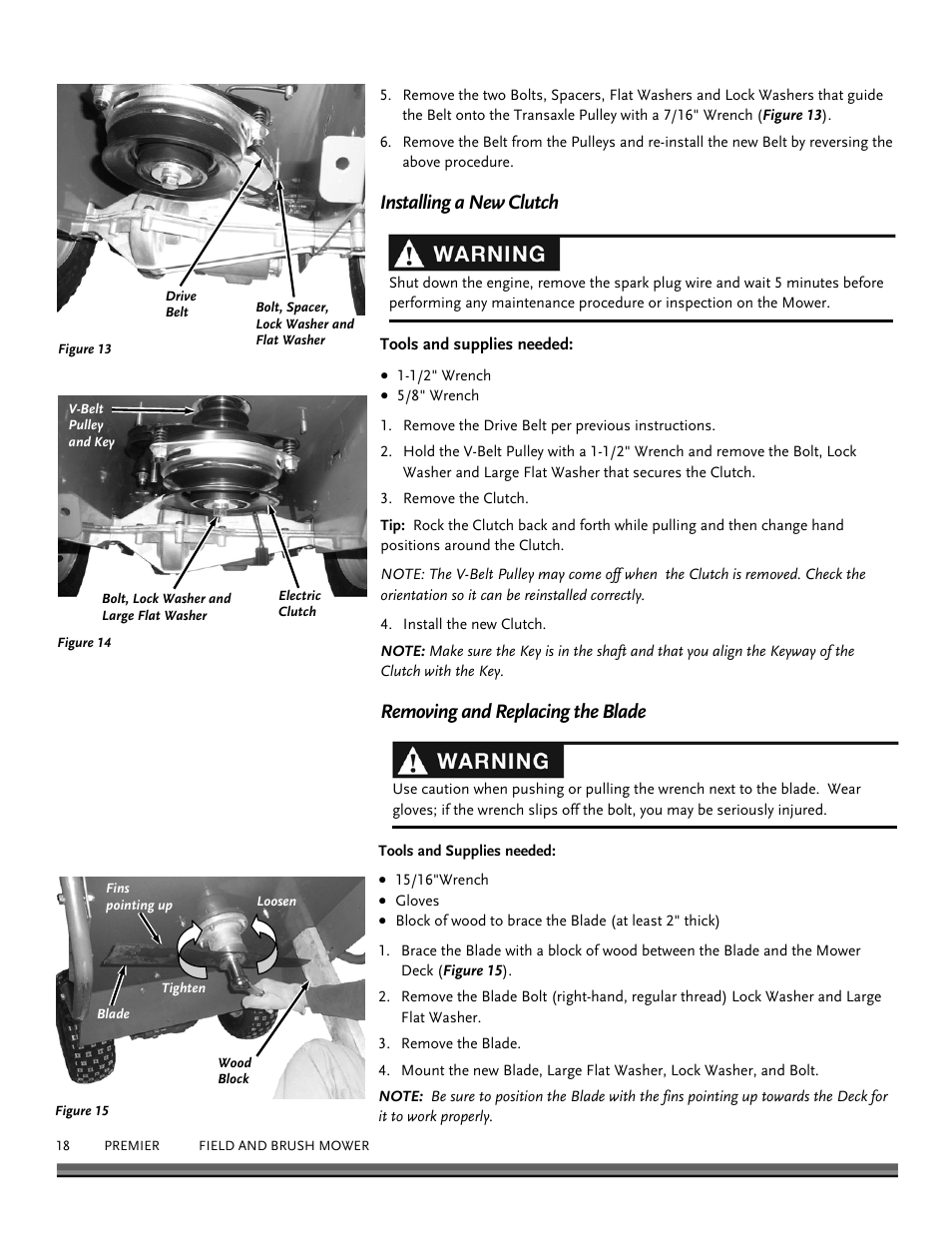 Installing a new clutch, Removing and replacing the blade | DR Power Walk-behind 12.5 Premier User Manual | Page 18 / 32