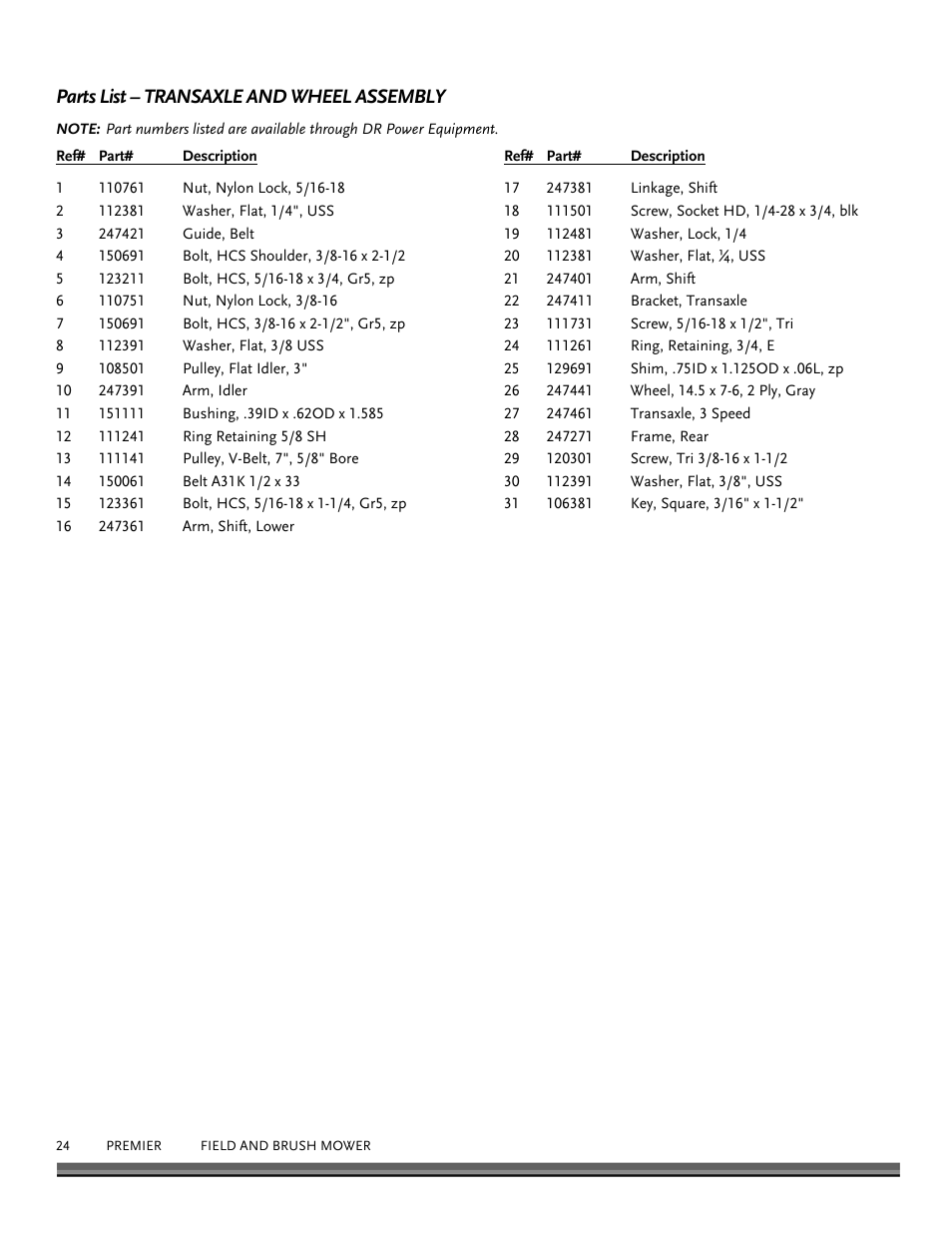 Parts list – transaxle and wheel assembly | DR Power Walk-behind 12.5 Premier User Manual | Page 24 / 32