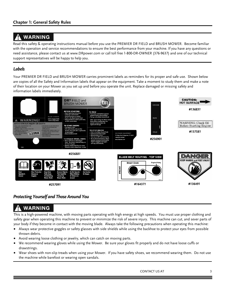 Labels, Protecting yourself and those around you | DR Power Walk-behind 12.5 Premier User Manual | Page 3 / 32