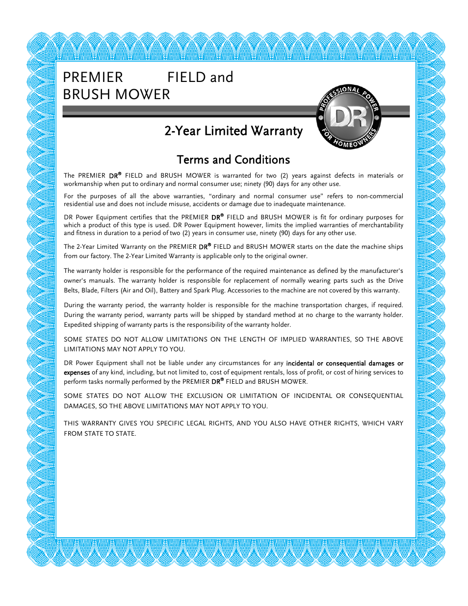 Premier dr, Field and brush mower, Year limited warranty | Terms and conditions | DR Power Walk-behind 12.5 Premier User Manual | Page 31 / 32