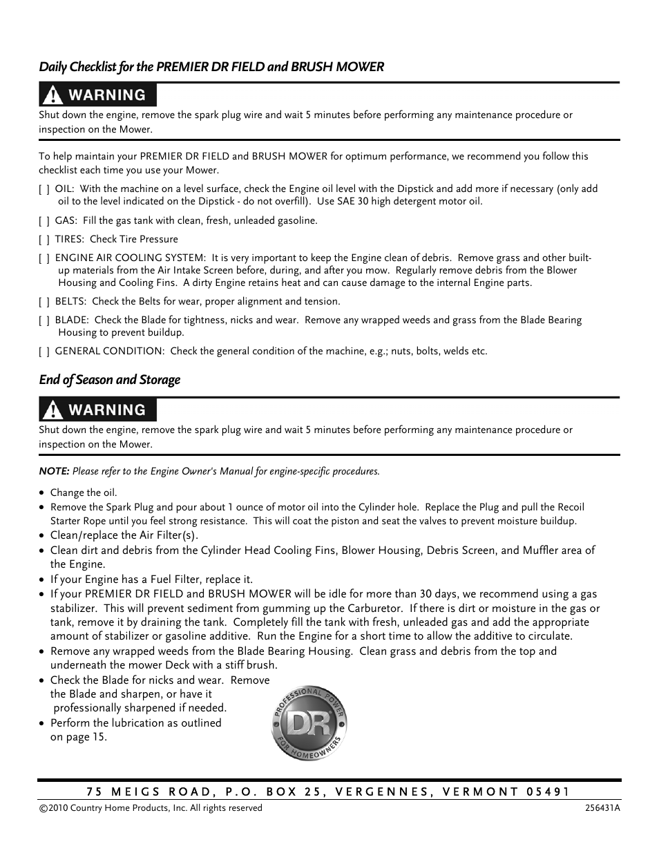 End of season and storage | DR Power Walk-behind 12.5 Premier User Manual | Page 32 / 32
