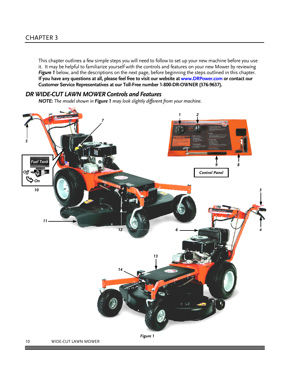 Setting up your dr wide-cut lawn mower, Chapter 3, Dr wide-cut lawn mower controls and features | DR Power Walk-behind 12.5 HP Tecumseh with 42 Lawn Deck User Manual | Page 14 / 64