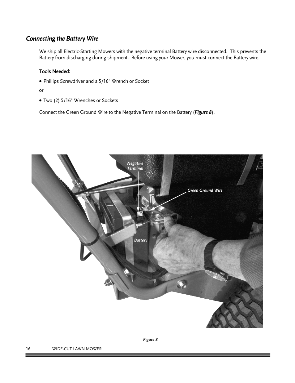Connecting the battery wire | DR Power Walk-behind 12.5 HP Tecumseh with 42 Lawn Deck User Manual | Page 20 / 64