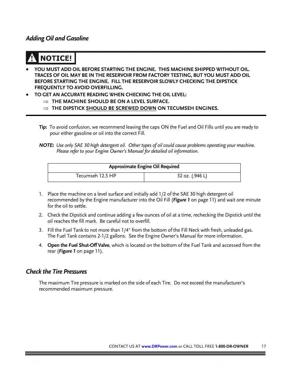 Adding oil and gasoline, Check the tire pressures | DR Power Walk-behind 12.5 HP Tecumseh with 42 Lawn Deck User Manual | Page 21 / 64