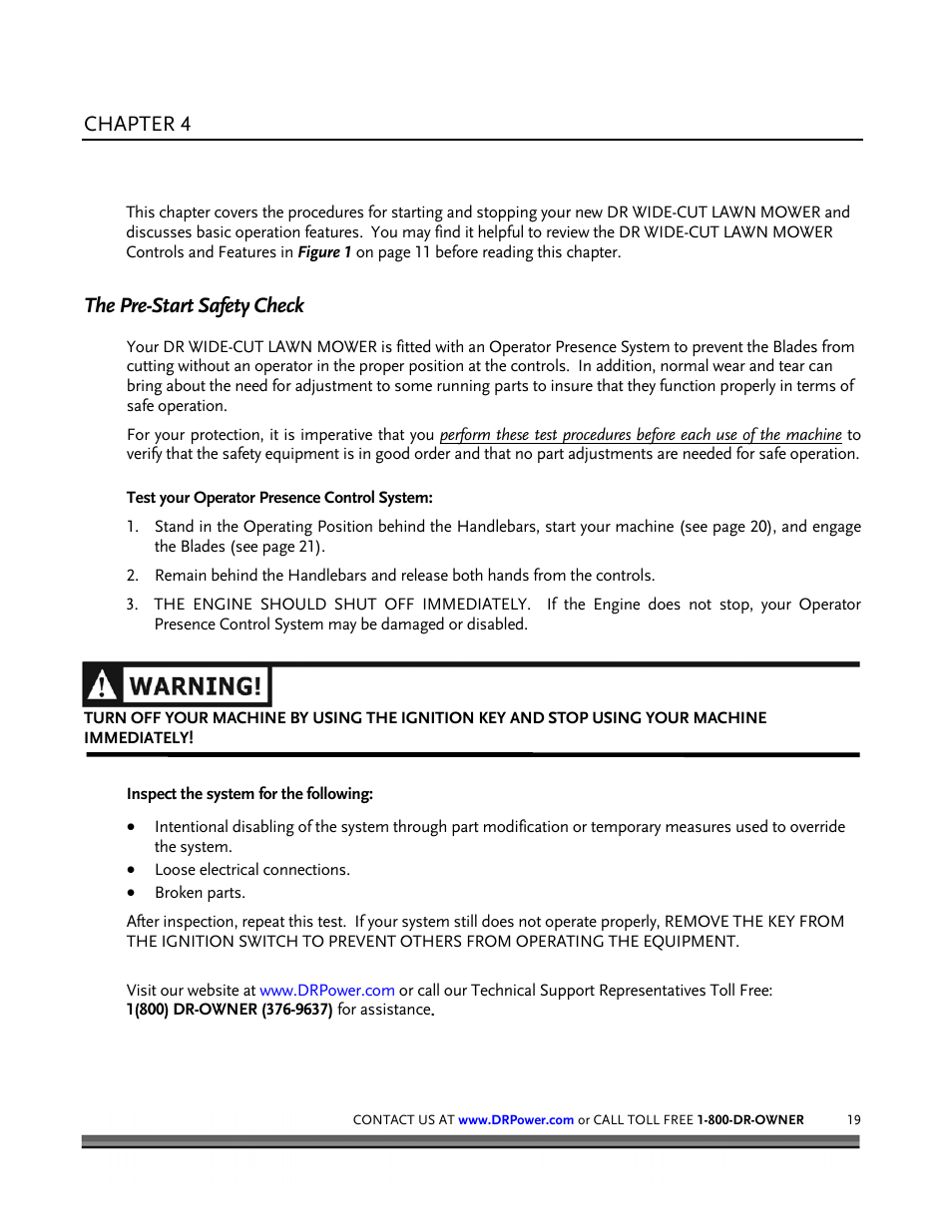 Operating your dr wide-cut lawn mower, Chapter 4, The pre-start safety check | DR Power Walk-behind 12.5 HP Tecumseh with 42 Lawn Deck User Manual | Page 23 / 64