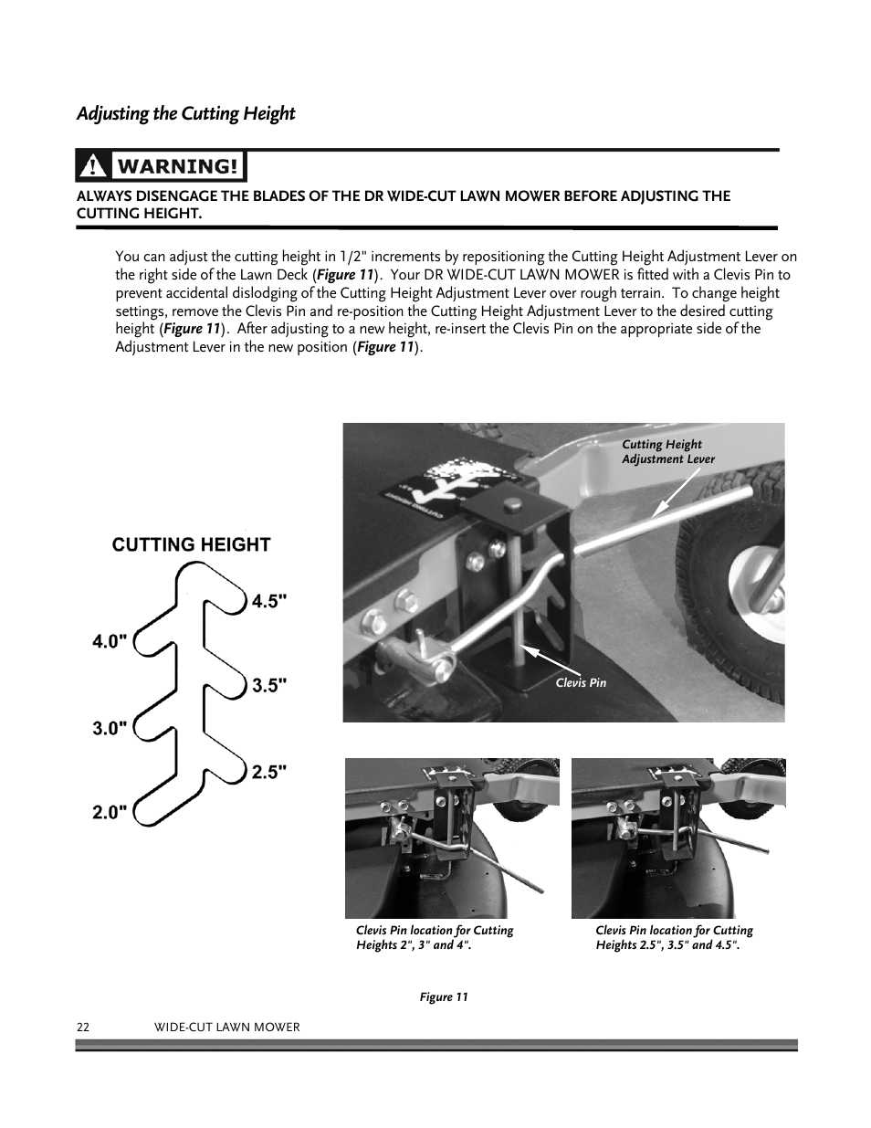 Adjusting the cutting height | DR Power Walk-behind 12.5 HP Tecumseh with 42 Lawn Deck User Manual | Page 26 / 64