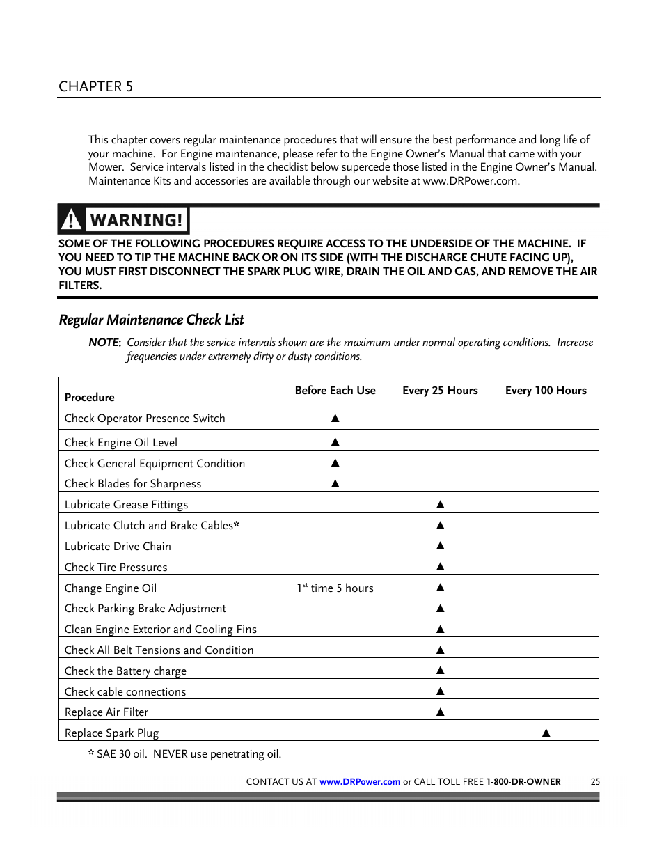 Maintaining the dr wide-cut lawn mower, Chapter 5, Regular maintenance check list | DR Power Walk-behind 12.5 HP Tecumseh with 42 Lawn Deck User Manual | Page 29 / 64