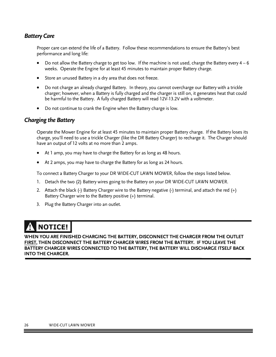 Battery care, Charging the battery | DR Power Walk-behind 12.5 HP Tecumseh with 42 Lawn Deck User Manual | Page 30 / 64