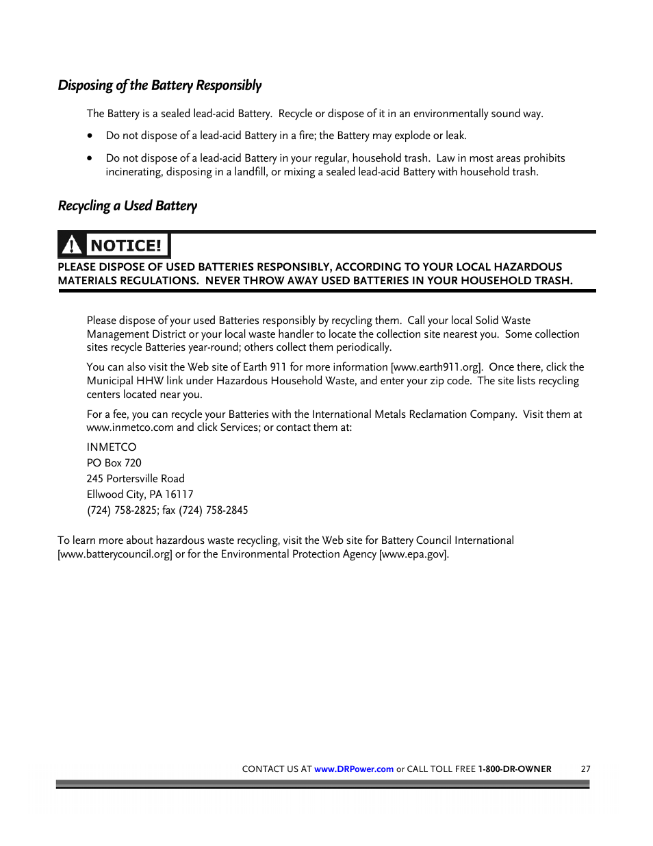 Disposing of the battery responsibly, Recycling a used battery | DR Power Walk-behind 12.5 HP Tecumseh with 42 Lawn Deck User Manual | Page 31 / 64