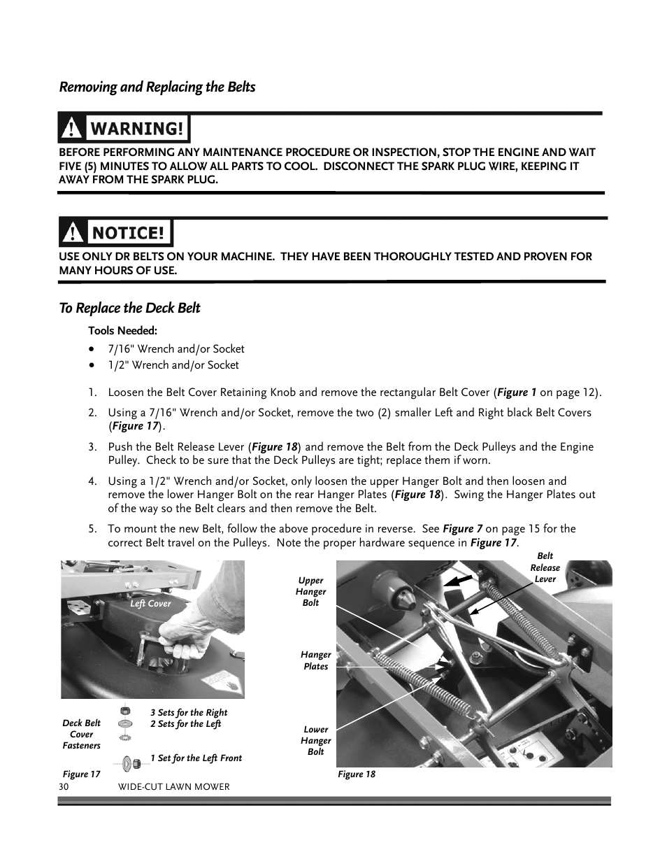 Removing and replacing the belts | DR Power Walk-behind 12.5 HP Tecumseh with 42 Lawn Deck User Manual | Page 34 / 64