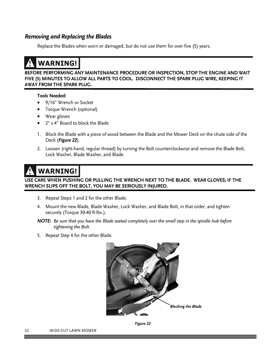 Removing and replacing the blades | DR Power Walk-behind 12.5 HP Tecumseh with 42 Lawn Deck User Manual | Page 36 / 64