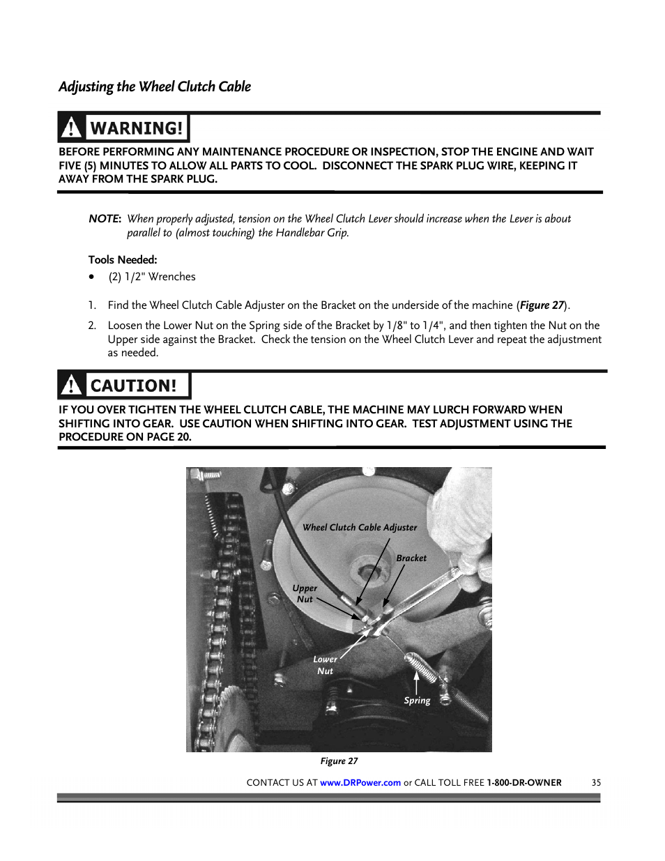 Adjusting the wheel clutch cable | DR Power Walk-behind 12.5 HP Tecumseh with 42 Lawn Deck User Manual | Page 39 / 64