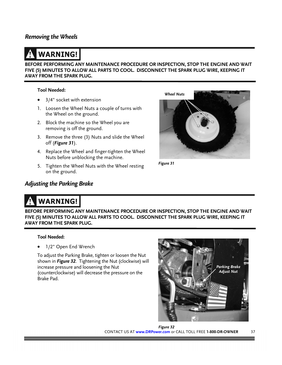 Removing the wheels, Adjusting the parking brake | DR Power Walk-behind 12.5 HP Tecumseh with 42 Lawn Deck User Manual | Page 41 / 64