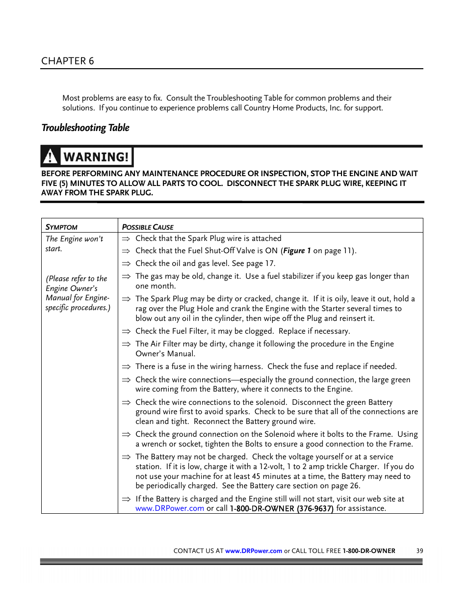 Troubleshooting, Chapter 6, Troubleshooting table | DR Power Walk-behind 12.5 HP Tecumseh with 42 Lawn Deck User Manual | Page 43 / 64