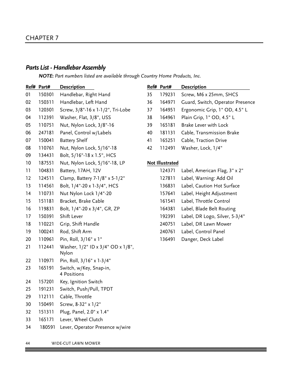 Parts lists, schematic diagrams and warranty, Chapter 7, Parts list - handlebar assembly | DR Power Walk-behind 12.5 HP Tecumseh with 42 Lawn Deck User Manual | Page 48 / 64