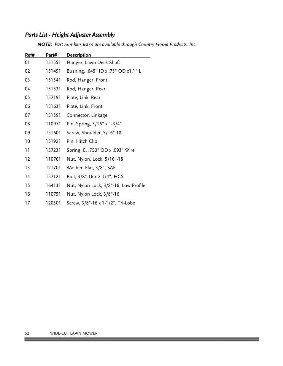 Parts list - height adjuster assembly | DR Power Walk-behind 12.5 HP Tecumseh with 42 Lawn Deck User Manual | Page 56 / 64