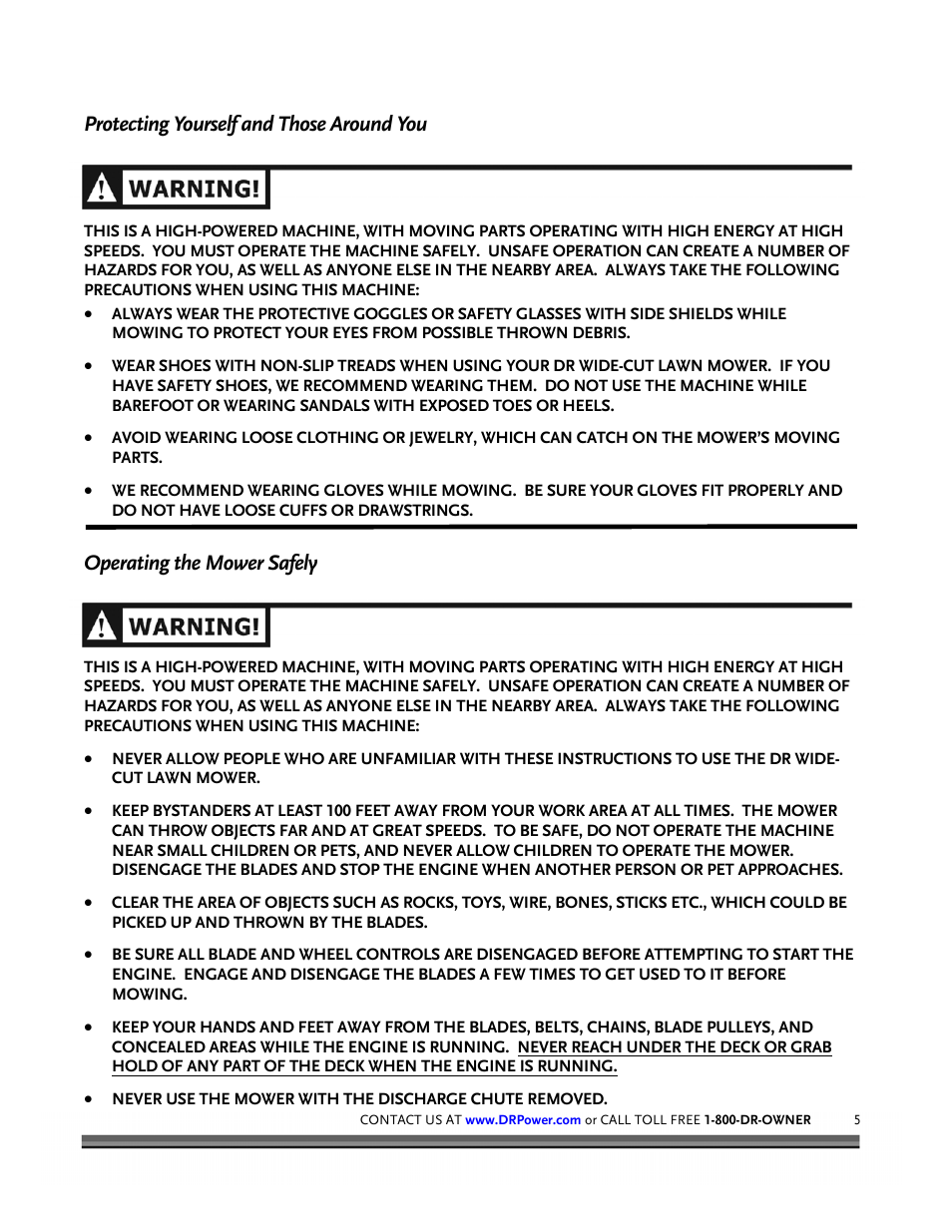 Protecting yourself and those around you, Operating the mower safely | DR Power Walk-behind 12.5 HP Tecumseh with 42 Lawn Deck User Manual | Page 9 / 64